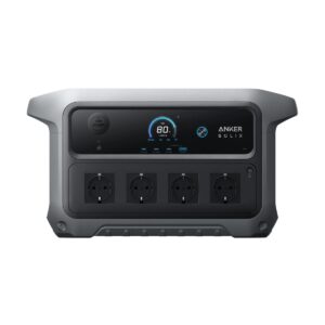 Station électrique portable Anker SOLIX C2000 Gen 2 grise et noire, vue de face sur fond blanc.