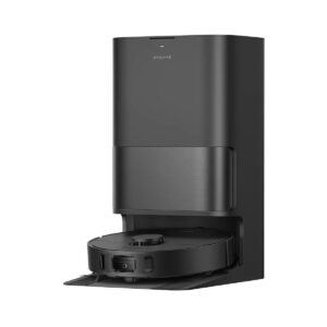 Aspirateur robot laveur Dreame D30 Ultra noir avec sa station multifonction, sur fond blanc.
