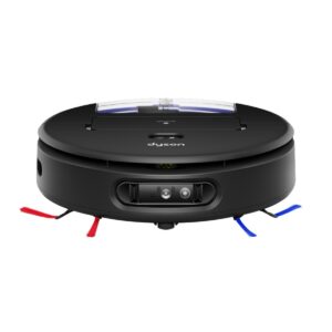 Robot aspirateur laveur Dyson Spot+Scrub Ai noir, vu de face avec ses brosses latérales.