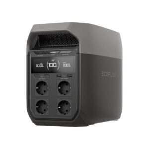Station électrique portable EcoFlow DELTA 3 grise, vue de trois quarts avec écran et prises en façade.