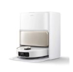 Robot aspirateur laveur MOVA V50 Ultra Complete blanc dans sa station de nettoyage.