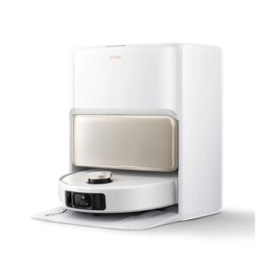 Robot aspirateur laveur MOVA V50 Ultra Complete blanc dans sa station de nettoyage.